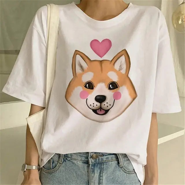 Cute Shiba Inu Print Oversized T-shirt