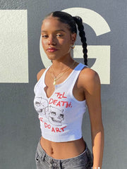 Cyber Streetwear Sleeveless Crop Top for Summer White