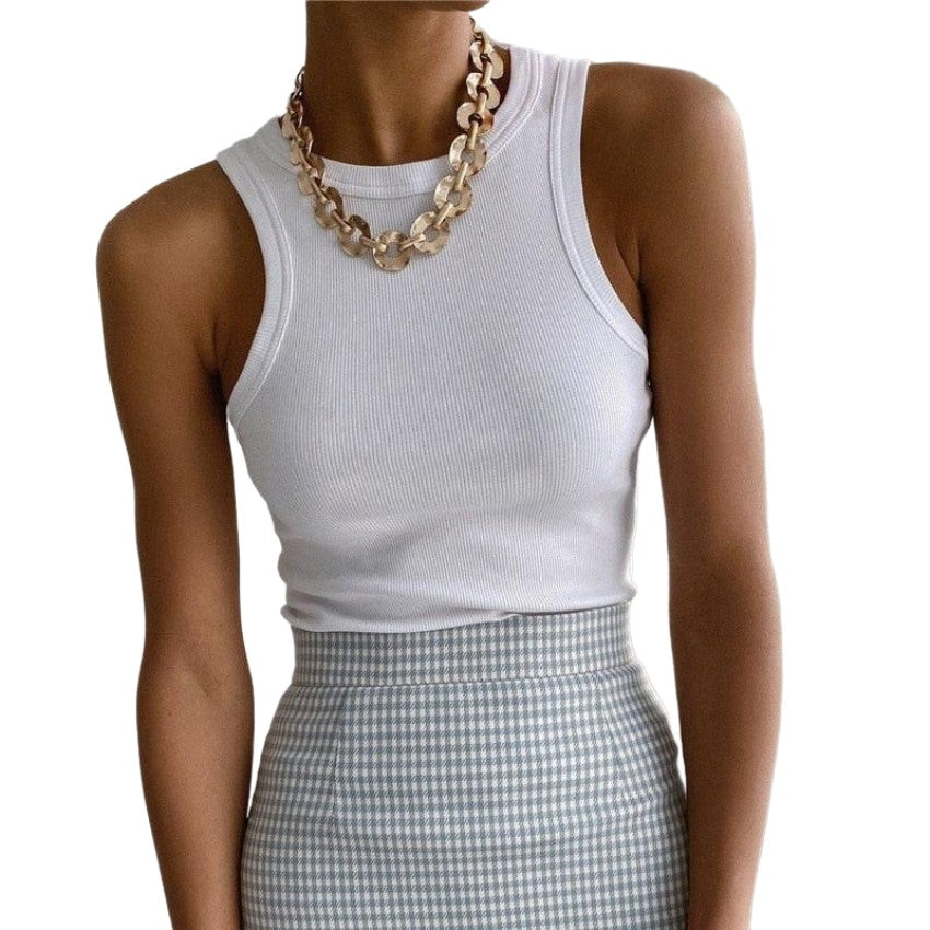 Solid Color Knitted Tank Top - White / S
