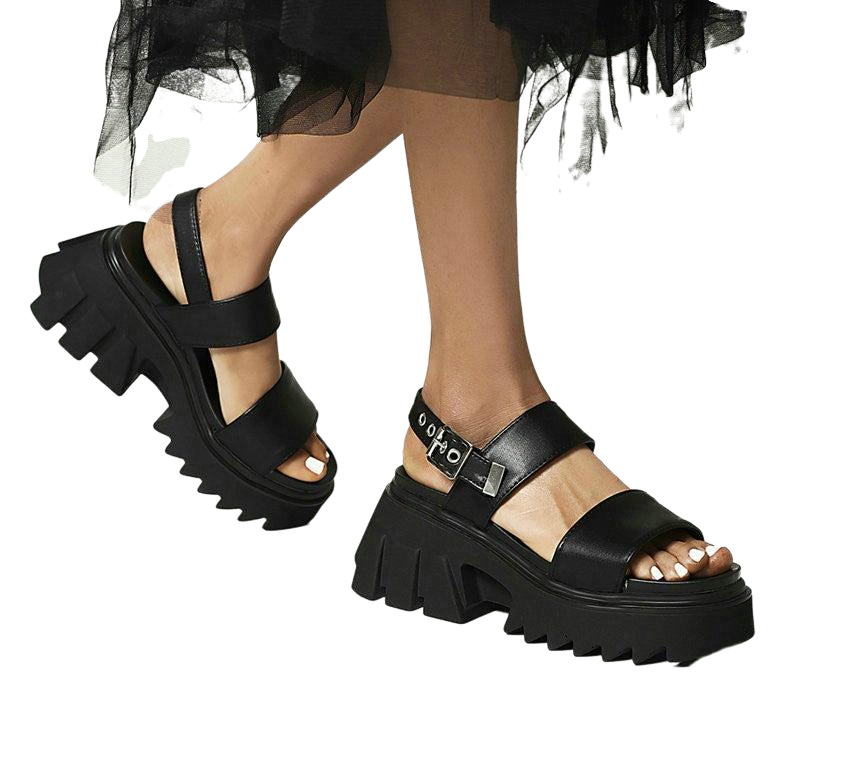 Grunge Platform PU Leather Slingback Ankle Strap - Black /