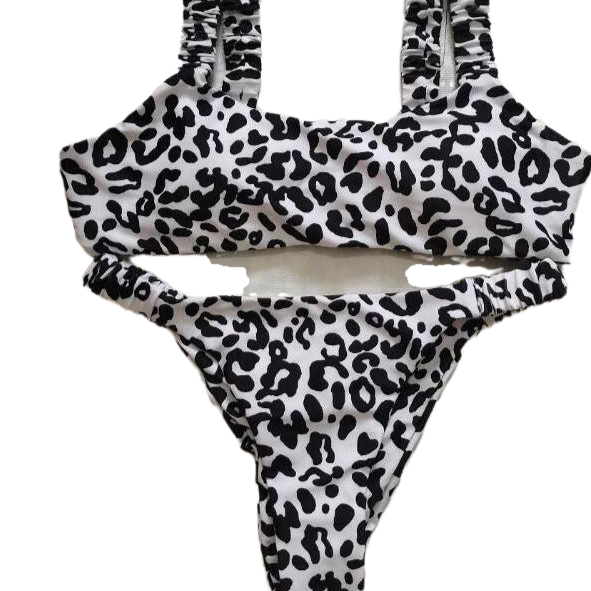 Leopard Thong Bikini - Black / S