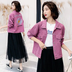 Daisy Embroidery Pastel Denim Jacket for Women Purple / M