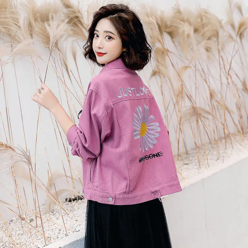 Daisy Embroidery Pastel Denim Jacket for Women Purple / S