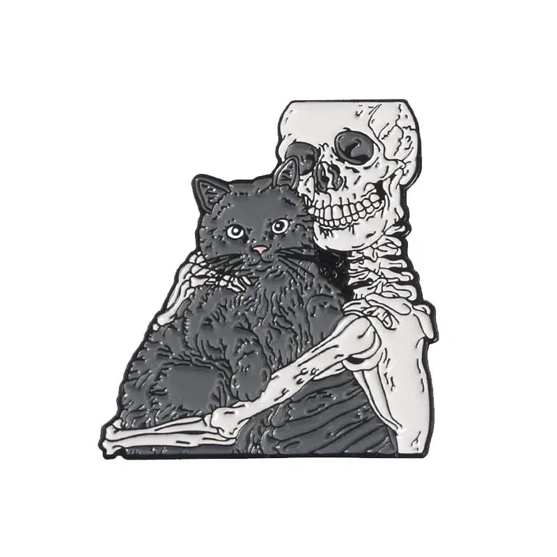 Dark Goth Drip Enamel Brooch - Cat and Skull / One Size