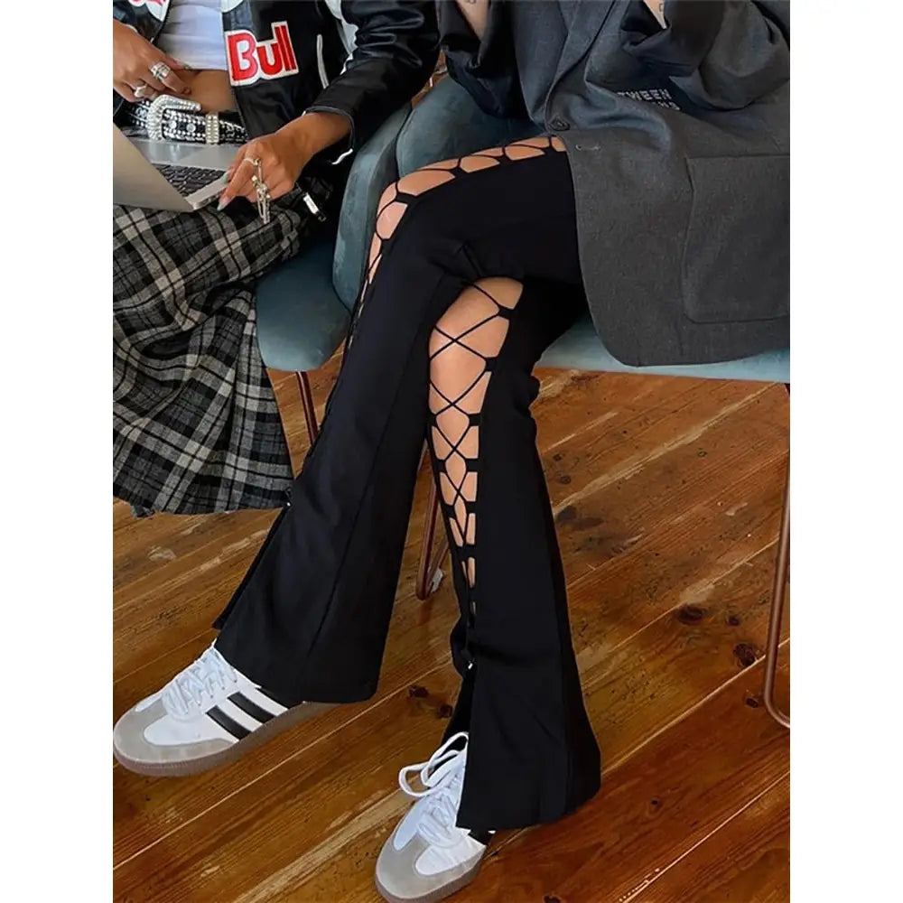 Dark Gothic Lace Flare Leg Open Pants
