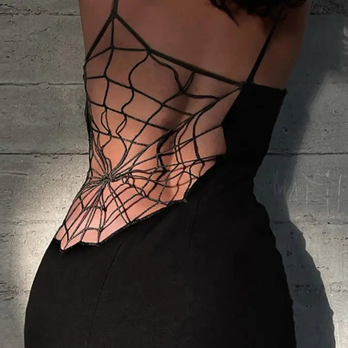 Dark Spider Web Gothic Long Dress Black / S