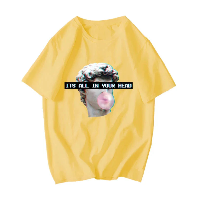 David Mona Lisa Mask Printed Cotton T Shirt bubble Gum