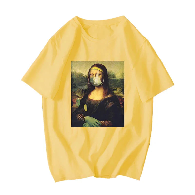 David Mona Lisa Mask Printed Cotton T Shirt Face Yellow / S