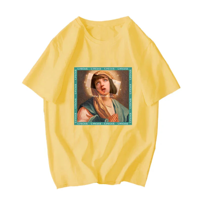 David Mona Lisa Mask Printed Cotton T Shirt Praying Yellow