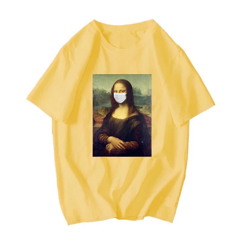 David Mona Lisa Mask Printed Cotton T Shirt Yellow / S