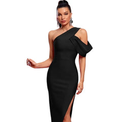 Decorated Shoulder And Lower Opening Elegant Dress - Black