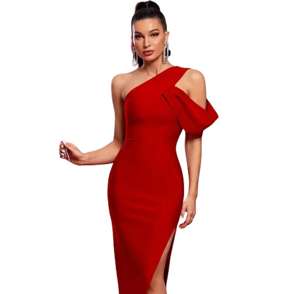 Decorated Shoulder And Lower Opening Elegant Dress - Red