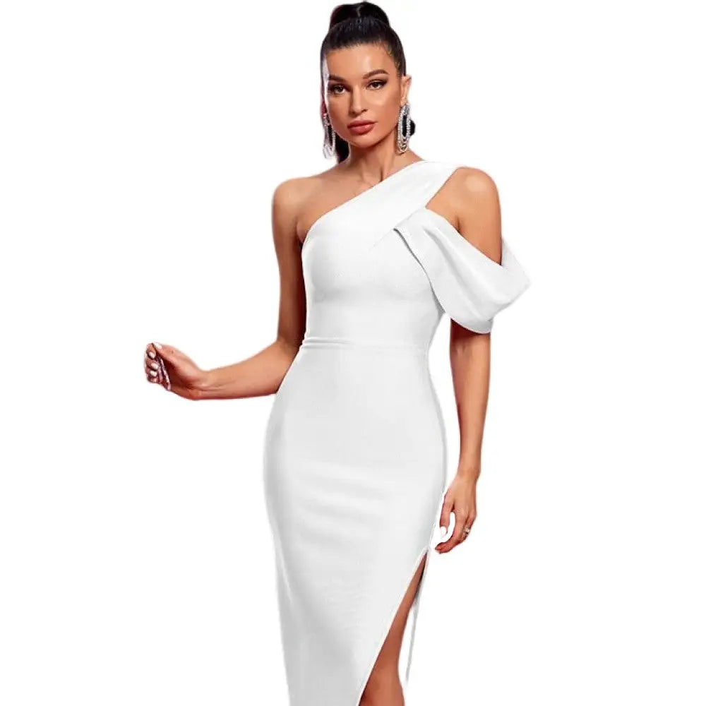 Decorated Shoulder And Lower Opening Elegant Dress - White