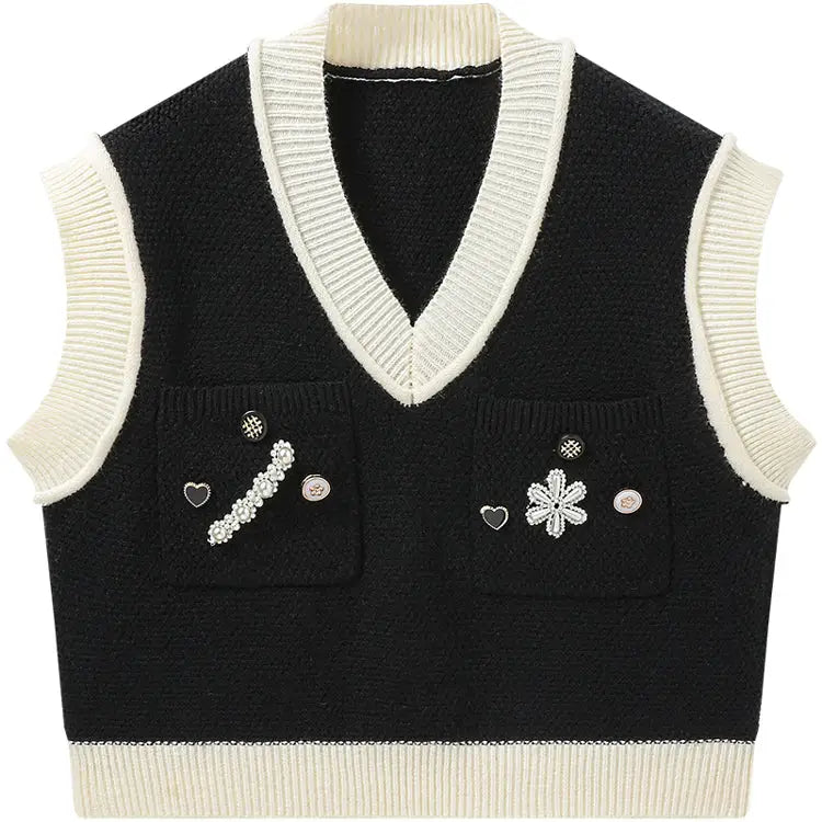 Decorative Buttons Knitted Vest - Black / One size