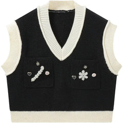 Decorative Buttons Knitted Vest - Black / One size