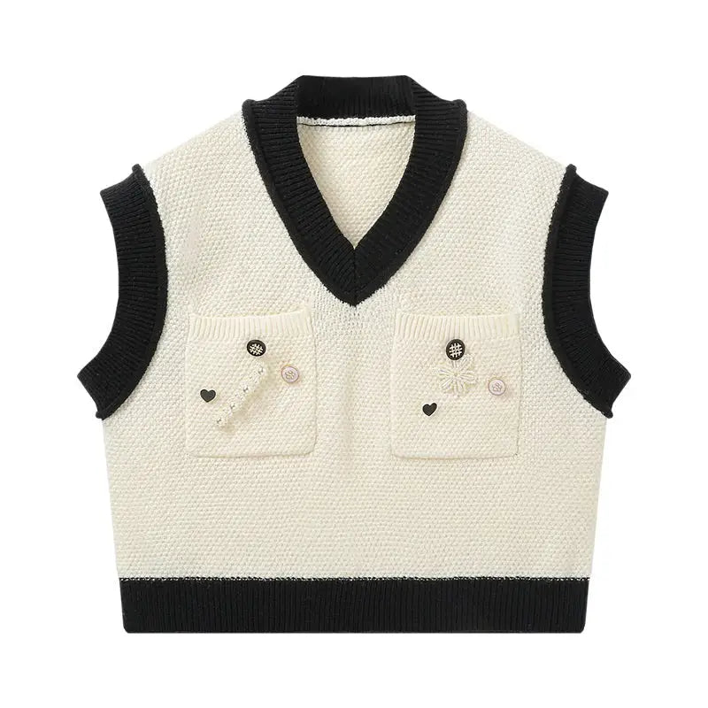 Decorative Buttons Knitted Vest with V Collar