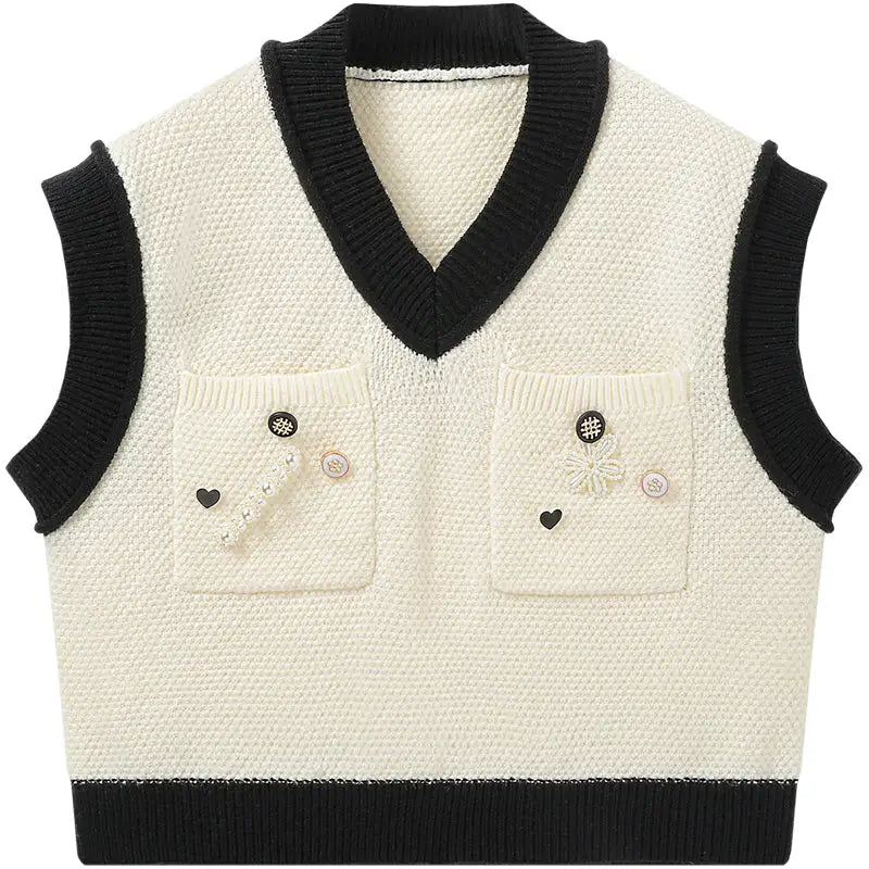 Decorative Buttons Knitted Vest with V Collar