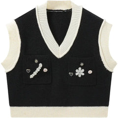 Decorative Buttons Knitted Vest with V Collar Black
