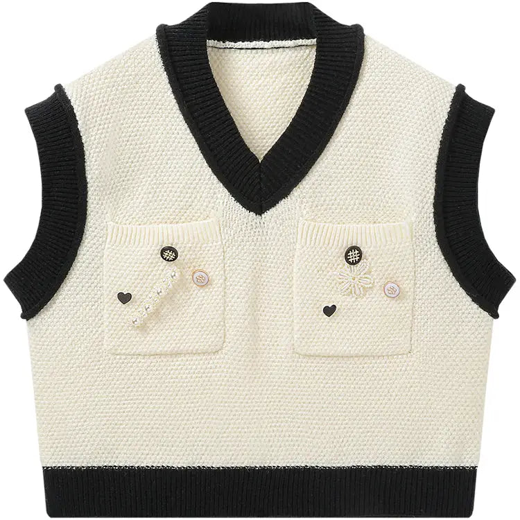 Decorative Buttons Knitted Vest with V Collar White