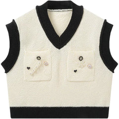 Decorative Buttons Knitted Vest with V Collar White