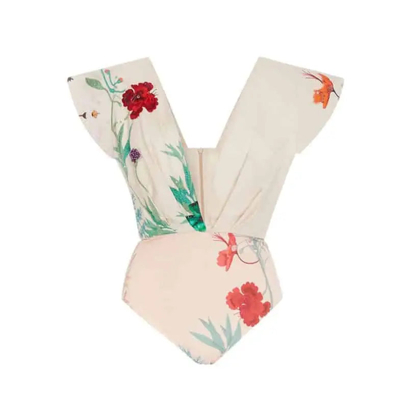 Deep V Neck Floral Print One Piece Skirt Swimsuit Beige / S