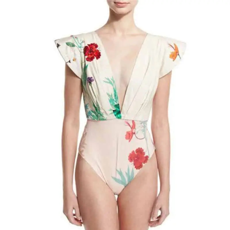 Deep V Neck Floral Print One Piece Skirt Swimsuit