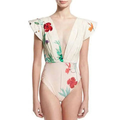 Deep V Neck Floral Print One Piece Skirt Swimsuit