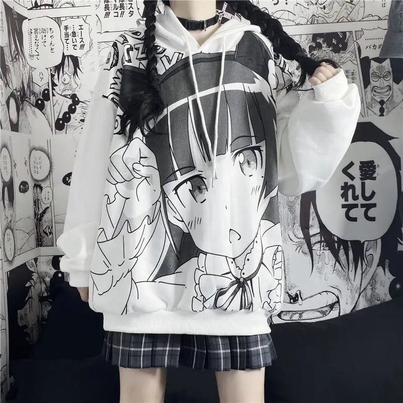 Deeptown Anime Cartoon Hoodie Sweatshirt White / S