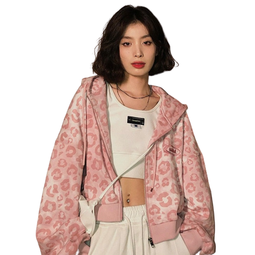 Y2K Pink Leopard Hoodie Jacket