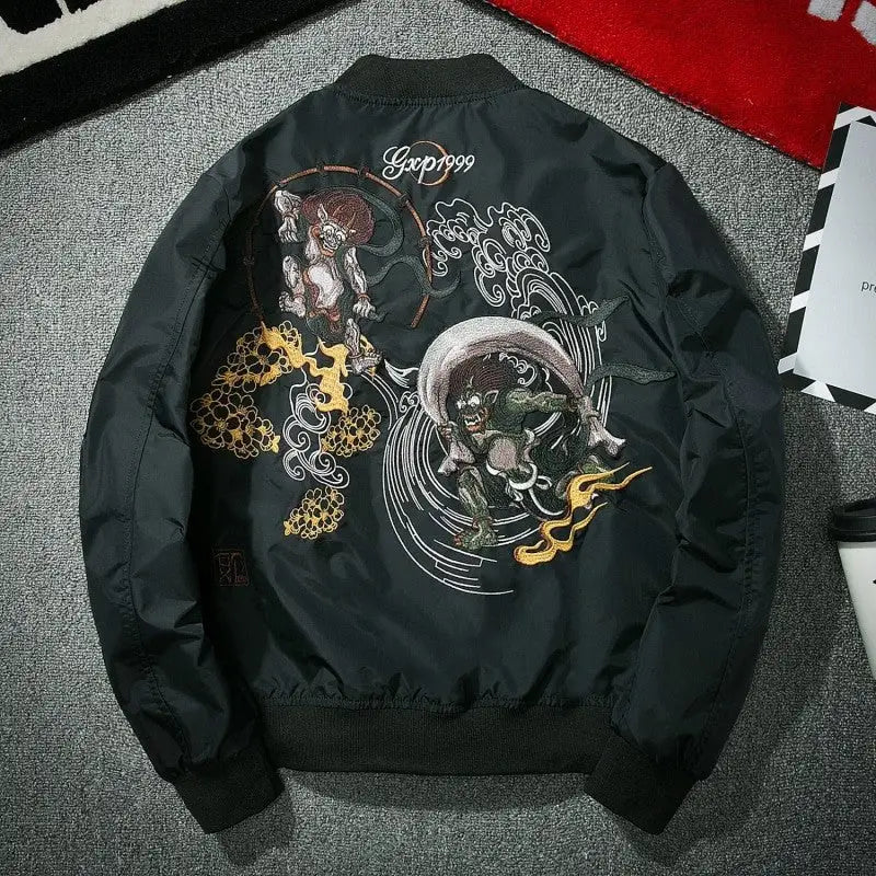 Demon Fight Japanese Embroidered Bomber Jacket Black / S