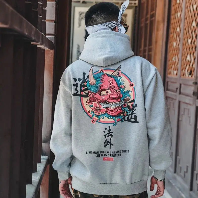 Demon Hoodie Kanji Harajuku Streetwear Pullover 01 Grey / S