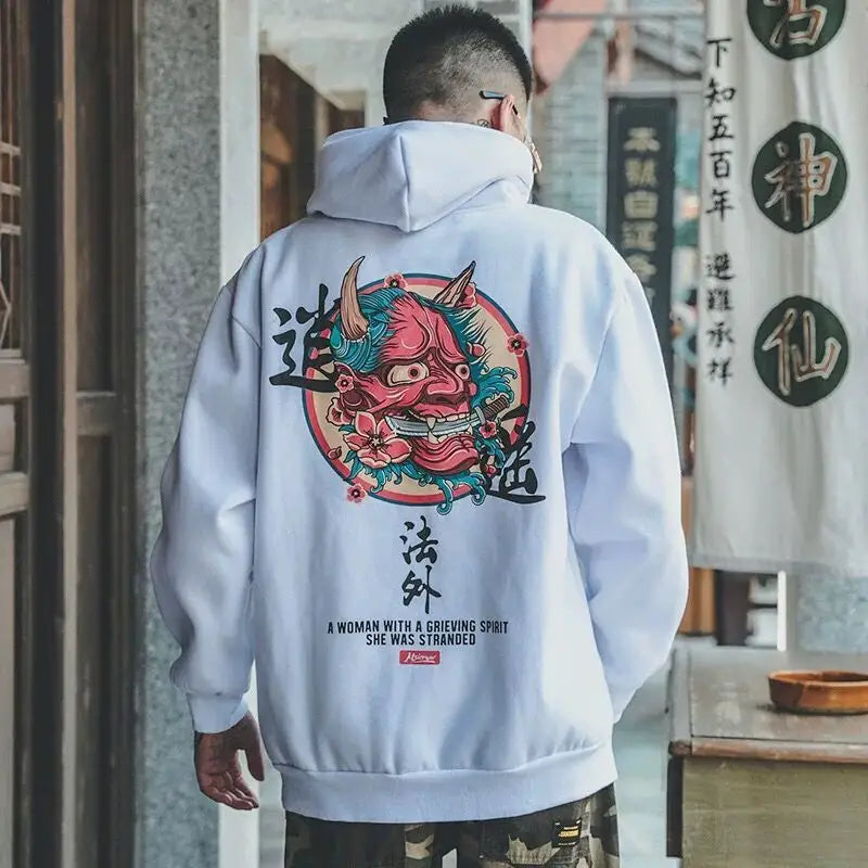 Demon Hoodie Kanji Harajuku Streetwear Pullover 04 White / S