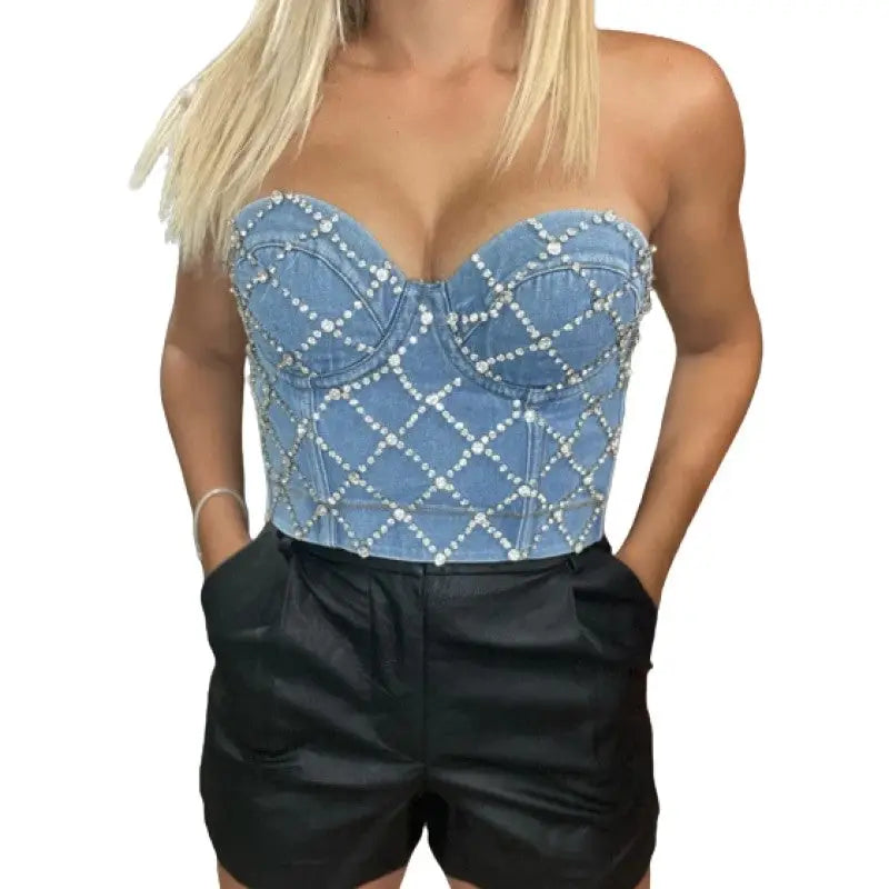 Denim Crystal Push Up Crop Top Corset Bra Size 34 Inches