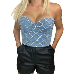 Denim Crystal Push Up Crop Top Corset Bra Size 34 Inches