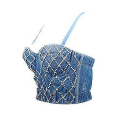 Denim Crystal Push Up Crop Top Corset Bra Size 34 Inches