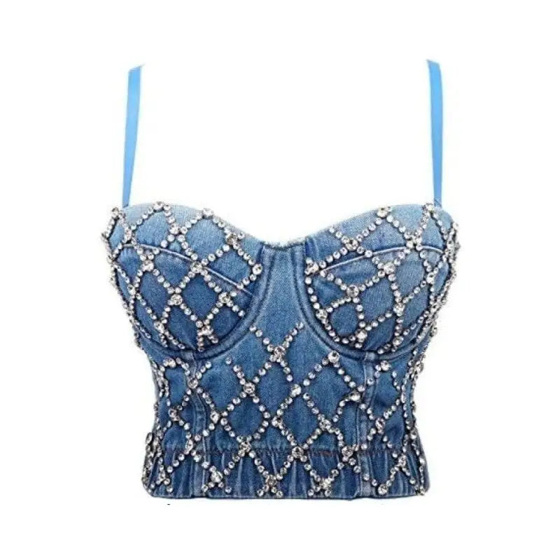 Denim Crystal Push Up Crop Top Corset Bra Size 34 Inches