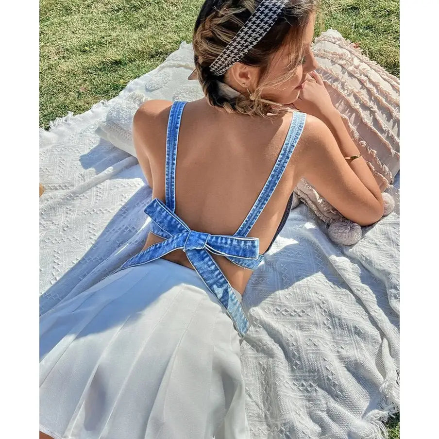 Denim Deep V-Neck Tie Back Crop Top Blue