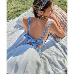 Denim Deep V-Neck Tie Back Crop Top Blue