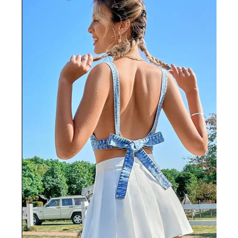 Denim Deep V-Neck Tie Back Crop Top Blue