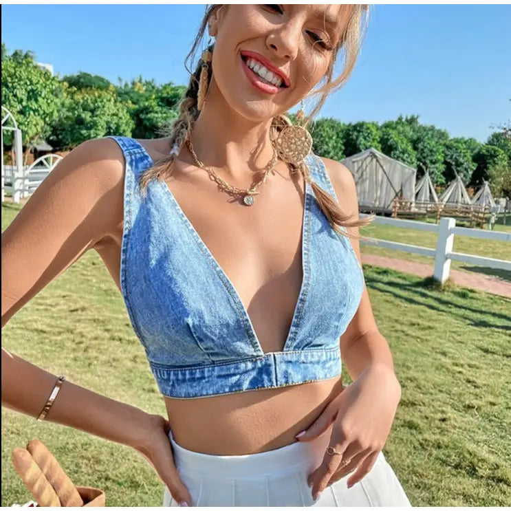 Denim Deep V-Neck Tie Back Crop Top Blue / XS