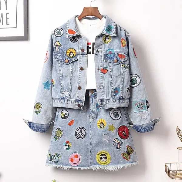 Denim Embroidered Patches Jacket And Skirt Set