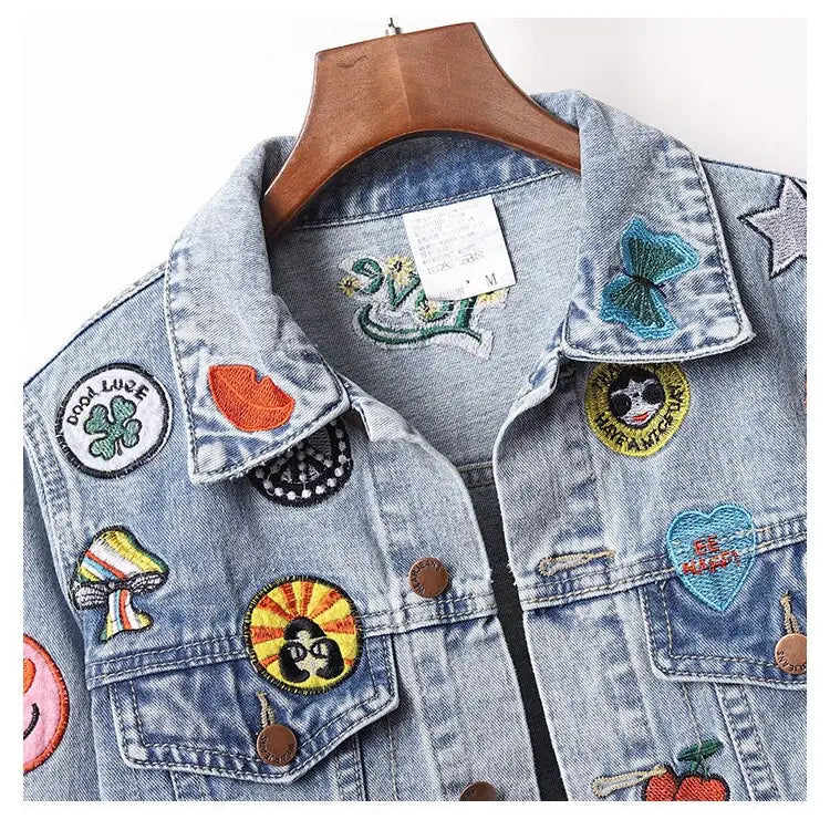 Denim Embroidered Patches Jacket And Skirt Set