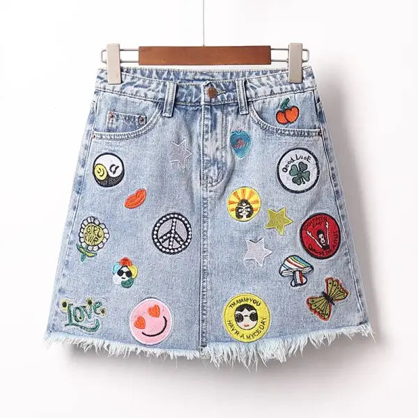 Denim Embroidered Patches Jacket And Skirt Set