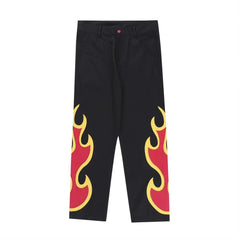 Denim Flame Embroidery Baggy Jeans for Men Black / S