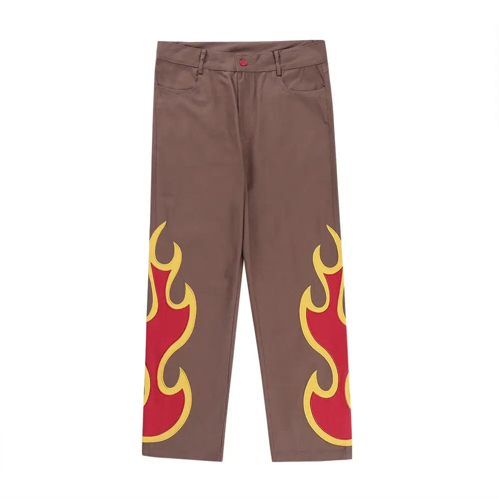 Denim Flame Embroidery Baggy Jeans for Men Brown / S