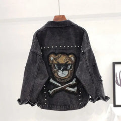 Denim Jacket Diamon Cute Bear Style Black / M