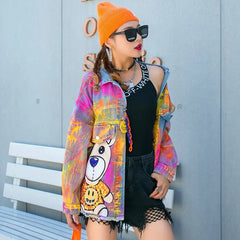 Denim Jacket with Cute Bear Colorful Graffiti Design Pink