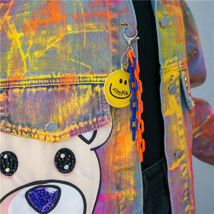 Denim Jacket with Cute Bear Colorful Graffiti Design Pink