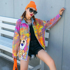 Denim Jacket with Cute Bear Colorful Graffiti Design Pink