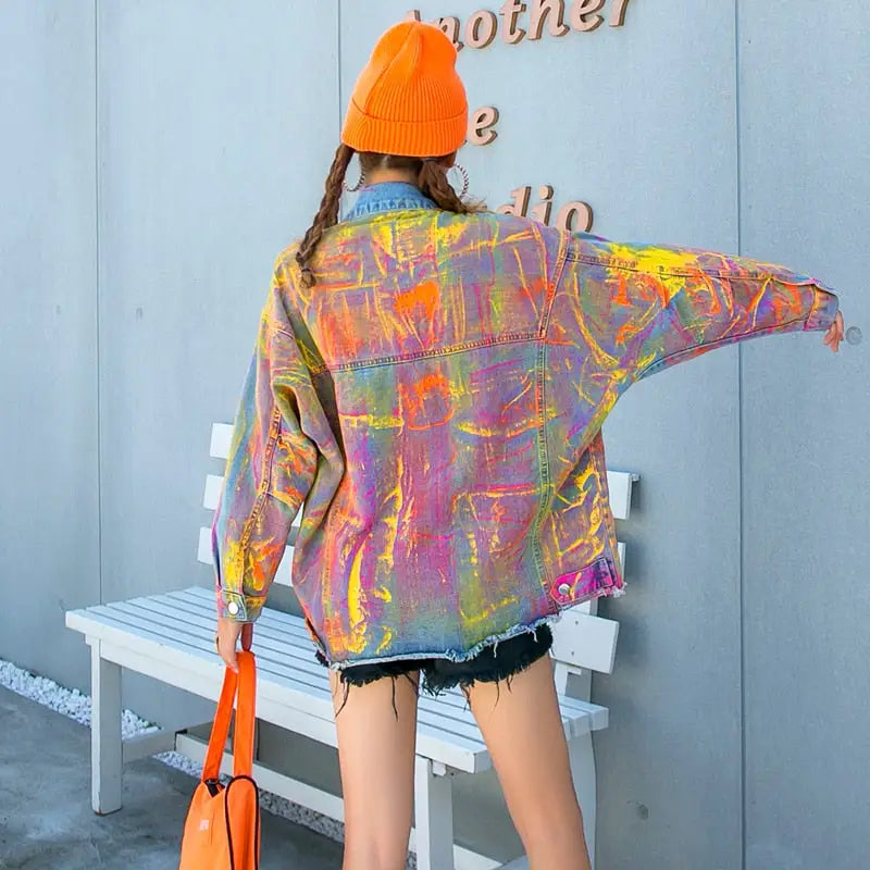 Denim Jacket with Cute Bear Colorful Graffiti Design Pink